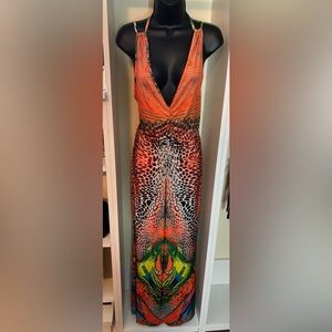 Orange Plunge Neckline Sleeveless Sundress